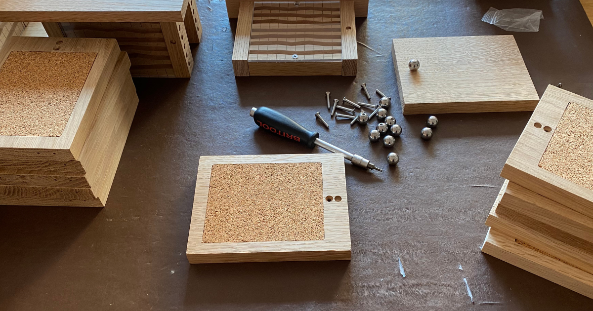 Cork integrated door for solitary bee box making at BeeLife