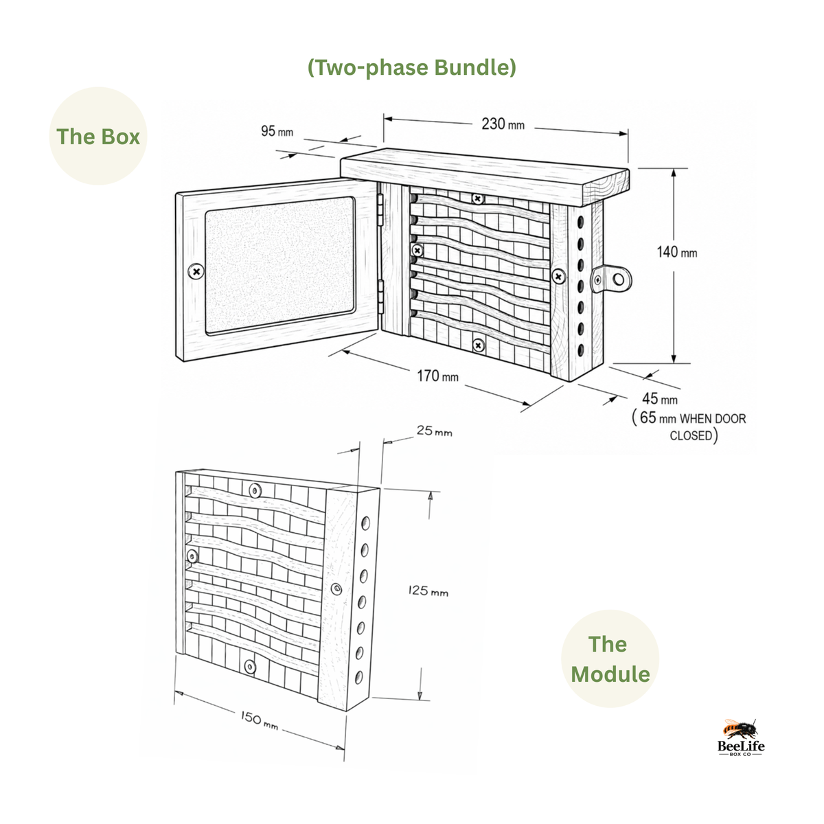 Technical drawing of a two-phase bundle bee box and module with dimensions labelled - BeeLife