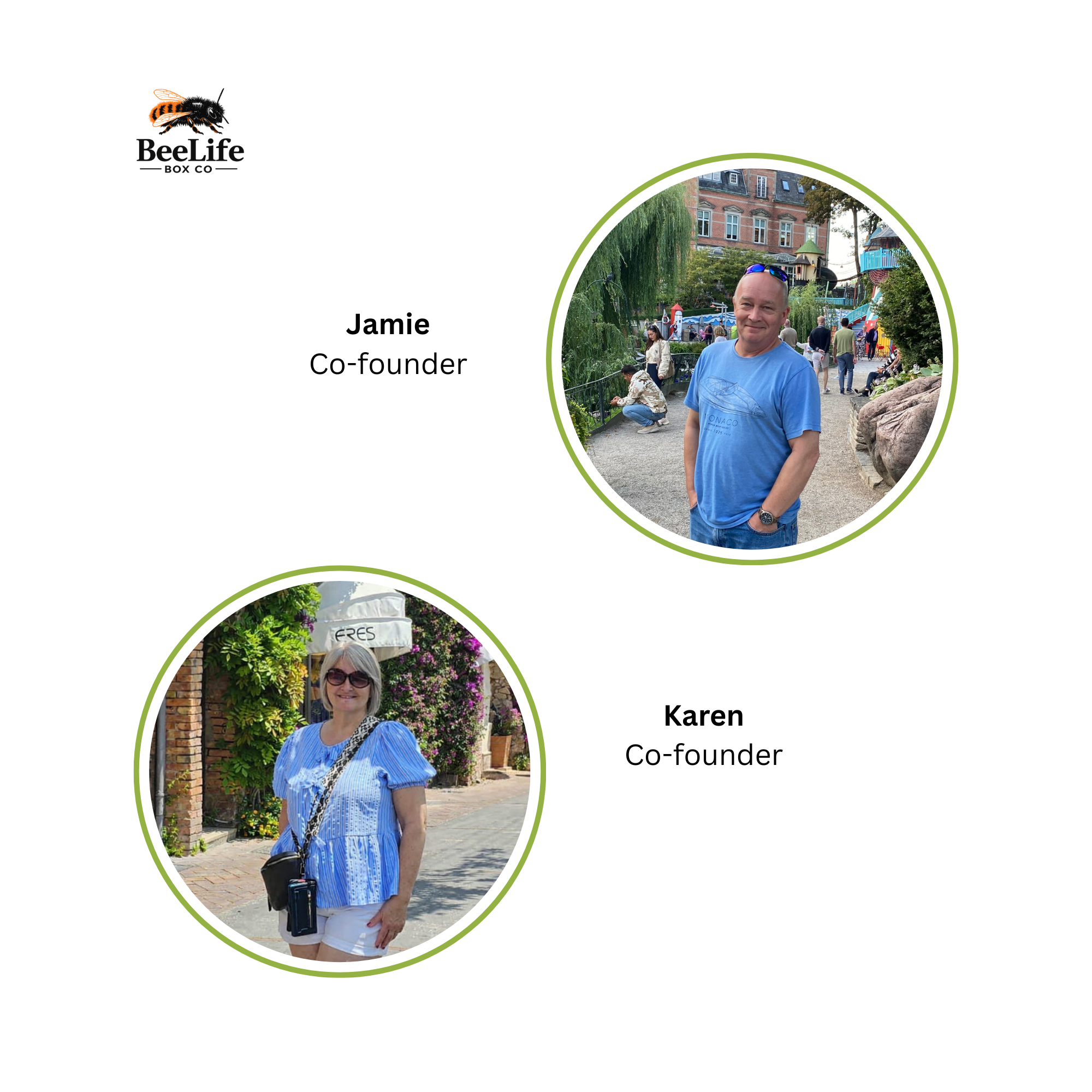 A white graphic with the Beelife bee co. logo in the top-left corner, featuring two circular photos of co-founders Jamie and Karen with their names printed below each photo.