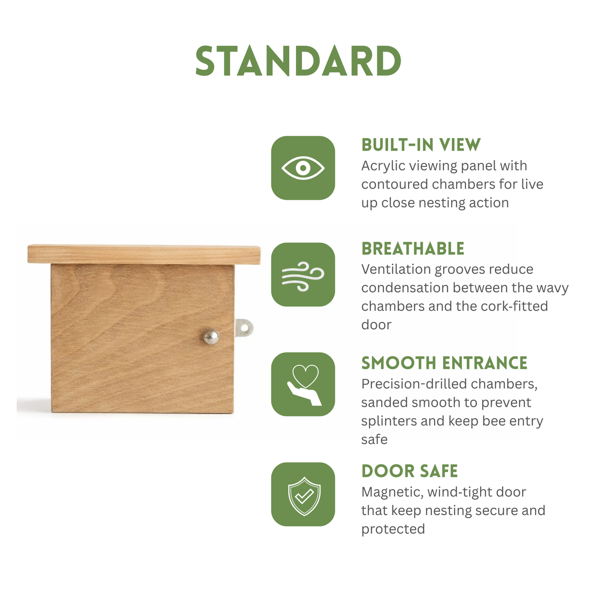 A wooden beekeeping hive shown on a white background with green text and icons describing features: built-in view, breathable design, smooth entrance, and door safety.