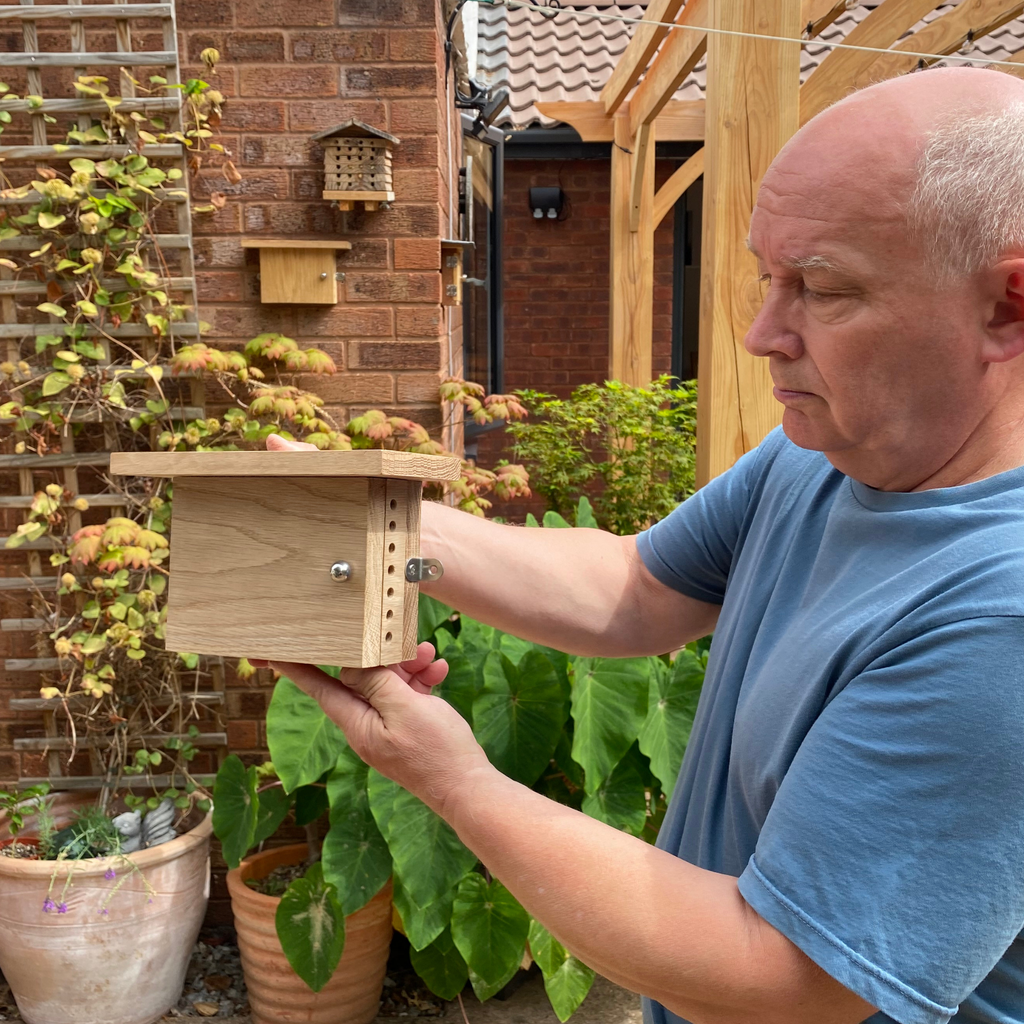 A man in a blue t-shirt holds a small wooden bee house in a backyard garden setting with brick walls, potted plants, and a wooden trellis - BeeLife