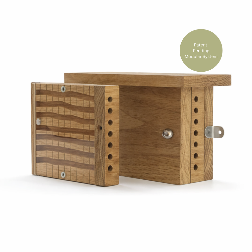 Wooden bee house with a 'Patent Pending' label and additional module on a white background - BeeLife