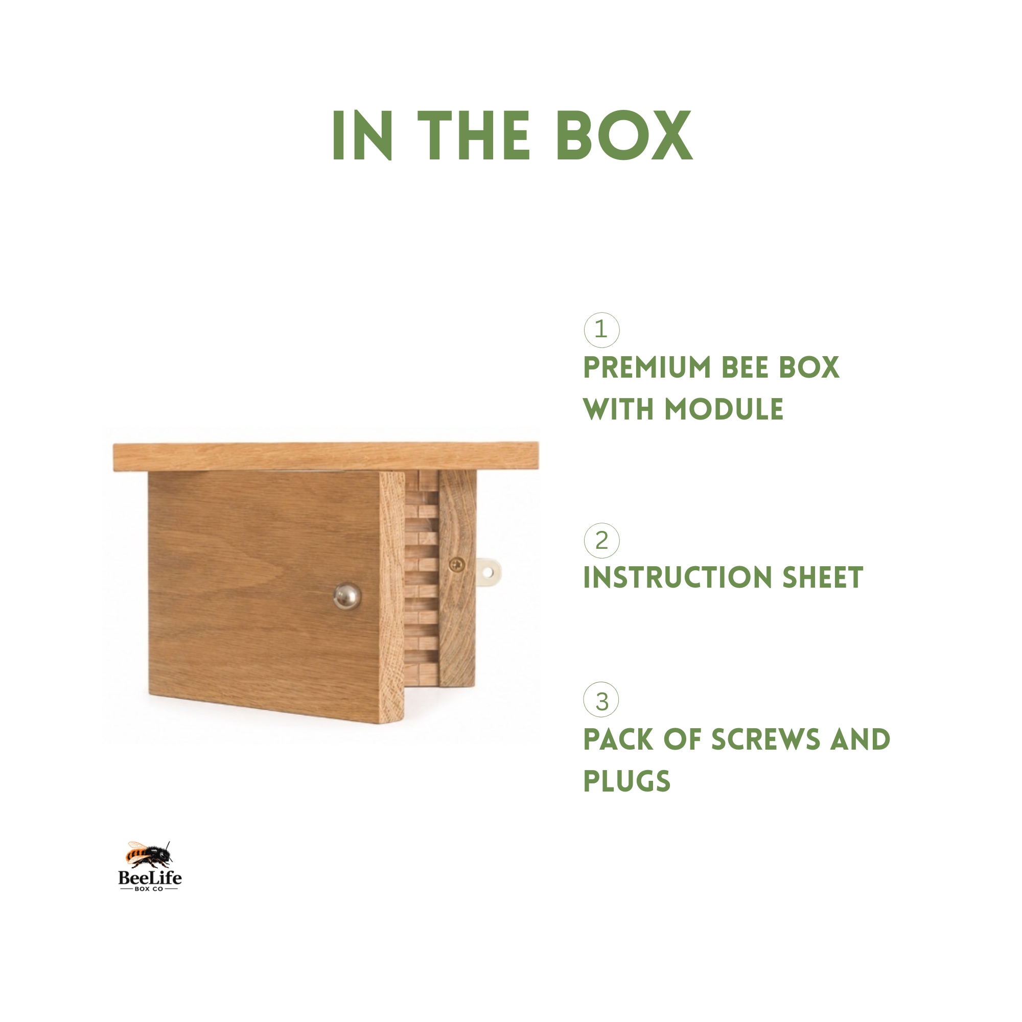 A wooden bee box with a module attached, shown on a white background with green text reading 'IN THE BOX' and a list of included items: premium bee box with module, instruction sheet, and pack of screws and plugs. The BeeLife logo appears at the bottom left.