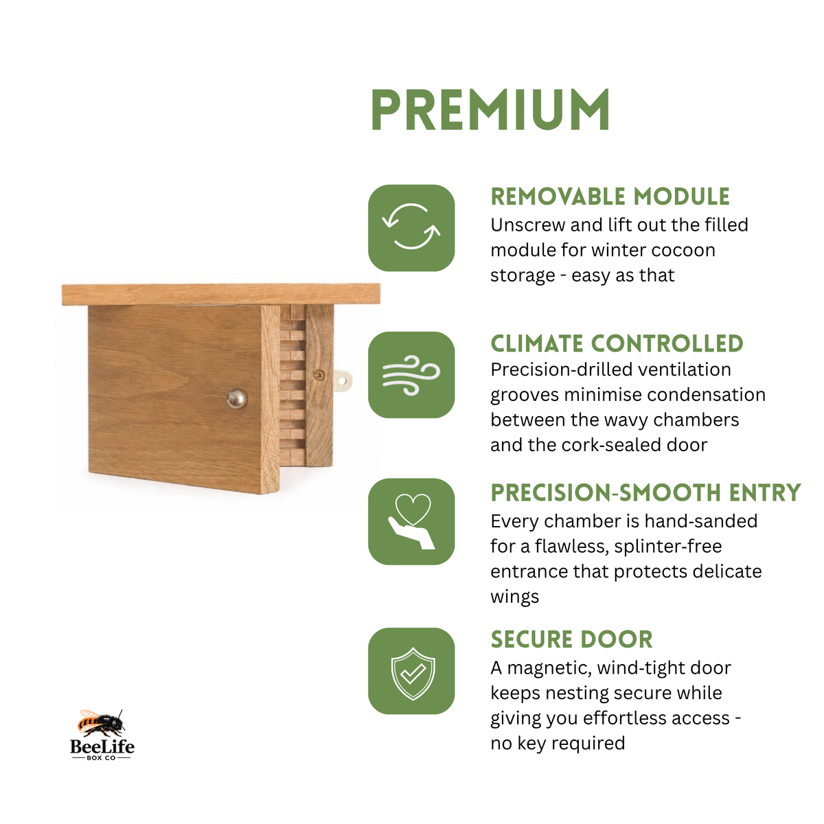Wooden bee house with green icons and text detailing features on a white background - BeeLife