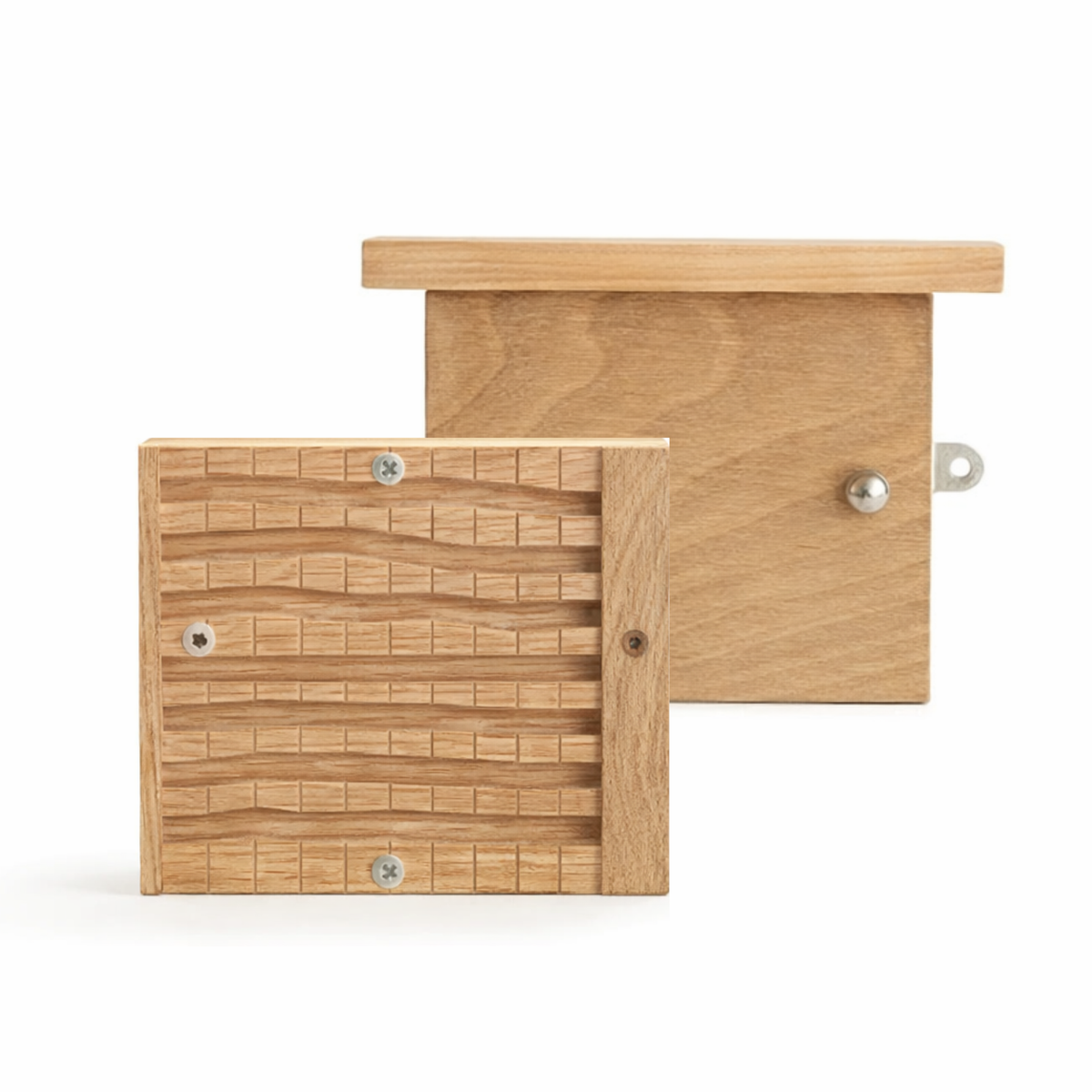 Wooden bee house and module with a textured front panel on a white background - BeeLife