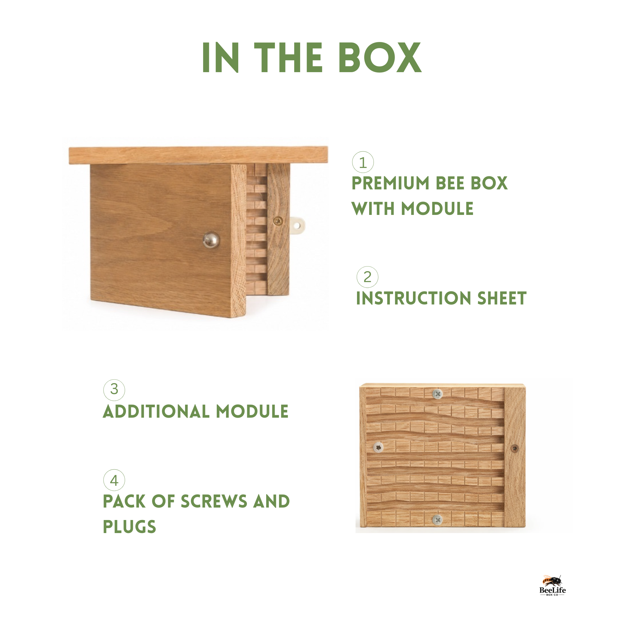An informational product graphic titled 'IN THE BOX' on a white background, showing a wooden bee box with a module, an instruction sheet, an additional module, and a pack of screws and plugs, with numbered callouts. - BeeLife