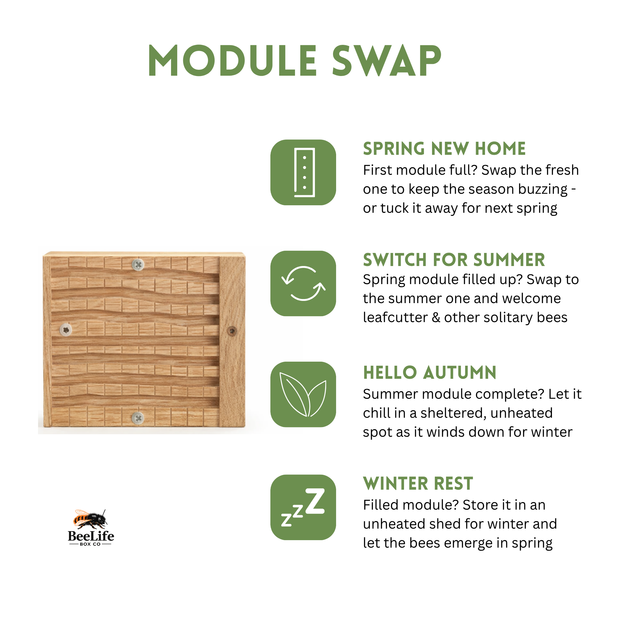 An informational graphic titled 'MODULE SWAP' showing a wooden beehive module on a white background with green icons and text explaining seasonal module rotation: Spring New Home, Switch for Summer, Hello Autumn, and Winter Rest. The BeeLife brand logo appears at the bottom left.