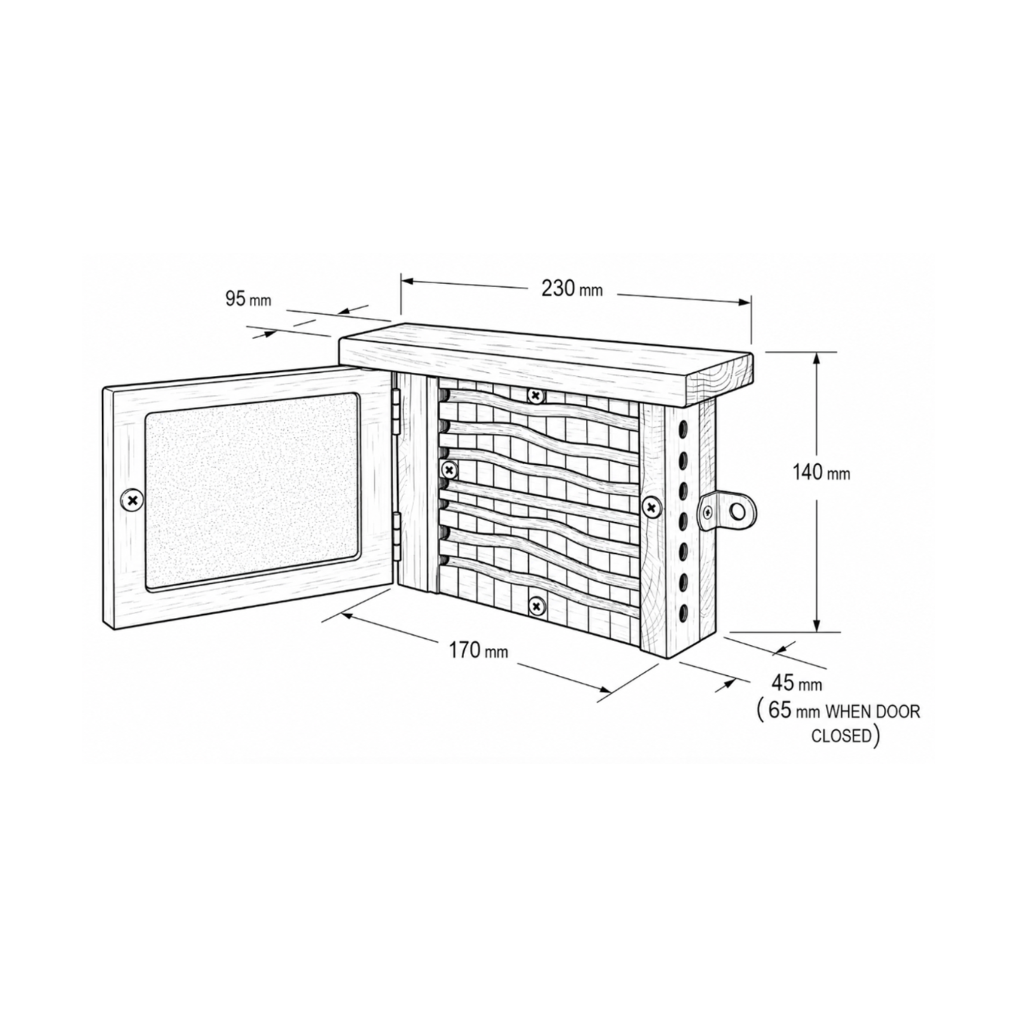Technical drawing of an oak module with dimensions labelled - BeeLife