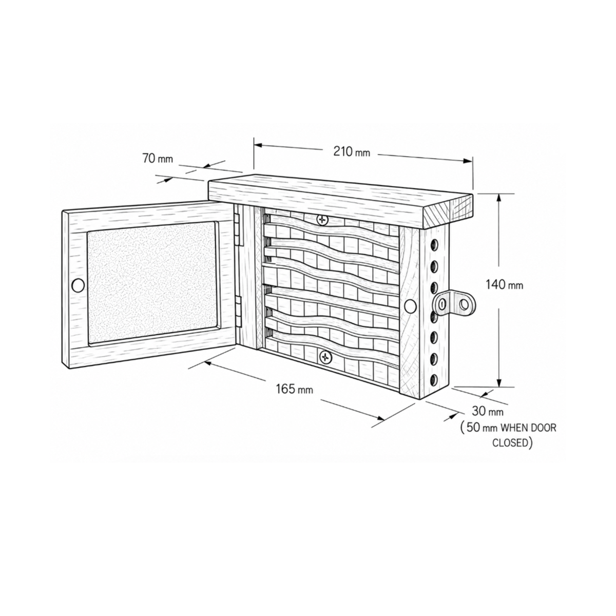 Technical drawing of an oak nesting chamber box with dimensions labelled - BeeLife